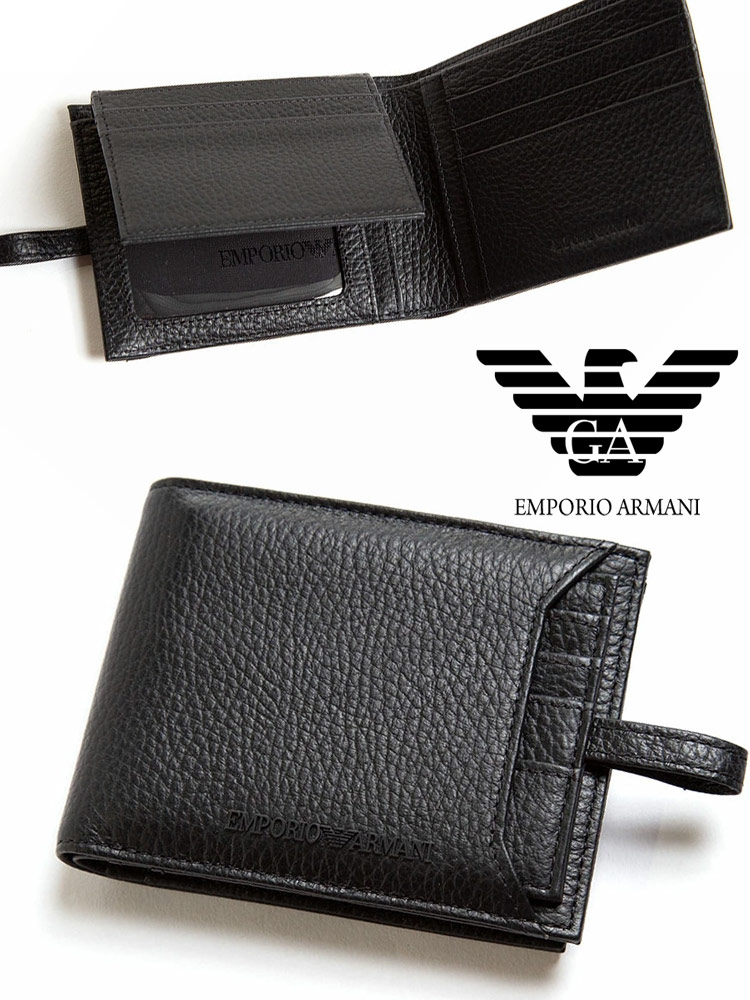 『ARMANI』 / アルマーニ 黒 二つ折り レザー 財布 札入れ ロゴ 新品